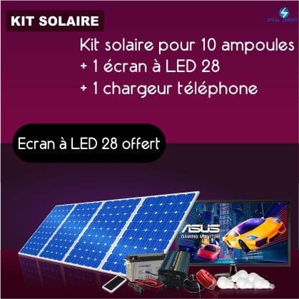 KIT solaire pour 10 Ampoules + 1 écran à LED 28’’ + 1 chargeur de téléphone